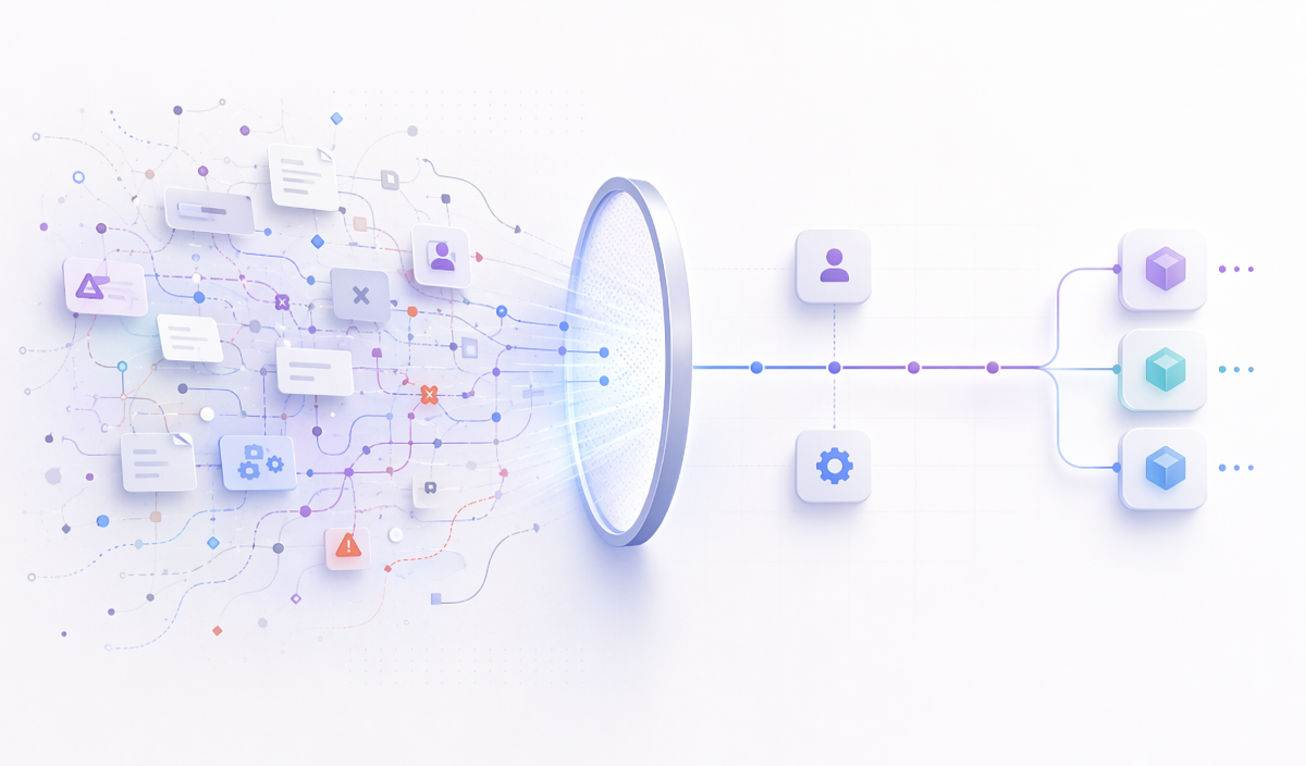 Abstract illustration showing messy coding-agent context being filtered into a cleaner execution path with human and system actor signals.