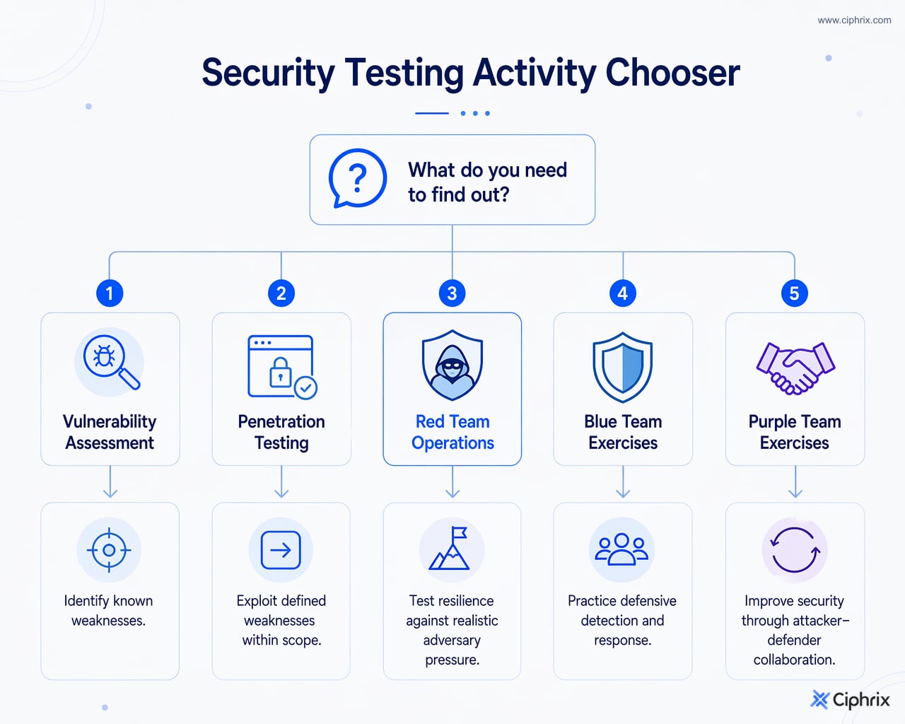 Decision flow comparing vulnerability assessments, penetration tests, red team operations, blue team exercises, and purple team exercises by their main purpose.