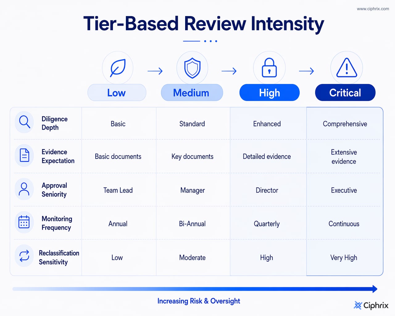 Low to critical vendor tiers shown as an increasing ladder of diligence, evidence, approval, monitoring, and reclassification expectations.